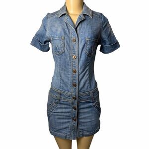 RARE Frankie B denim Dropped waist snap down dress short sleeve dress 4 small